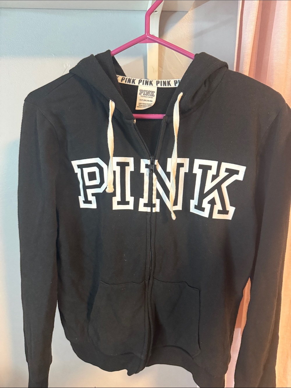 PINK Victoria's Secret Black Zip Front Hoodie with White Logo